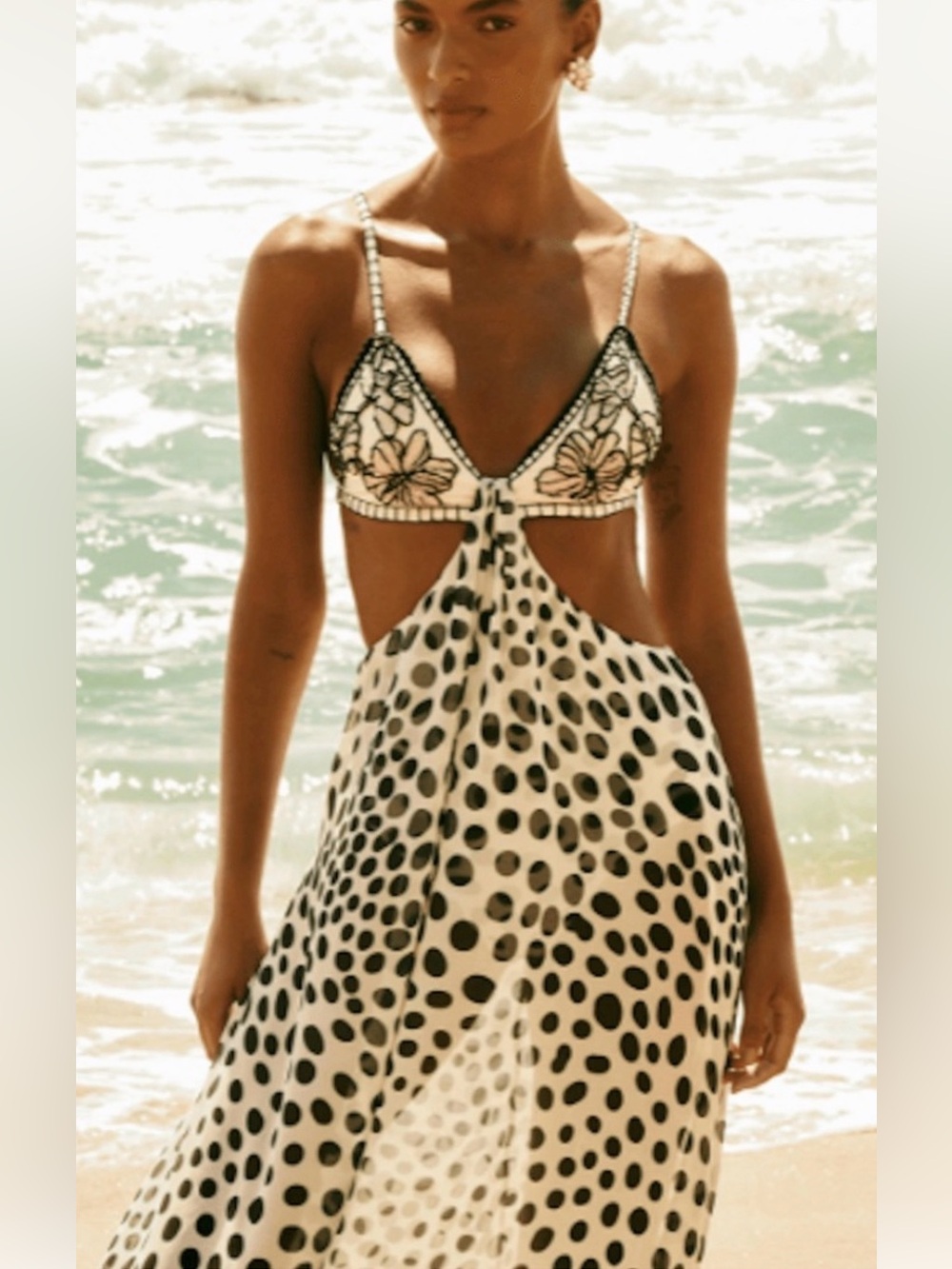PatBO Runway Black & White Polka Dot Cutout Maxi Dress